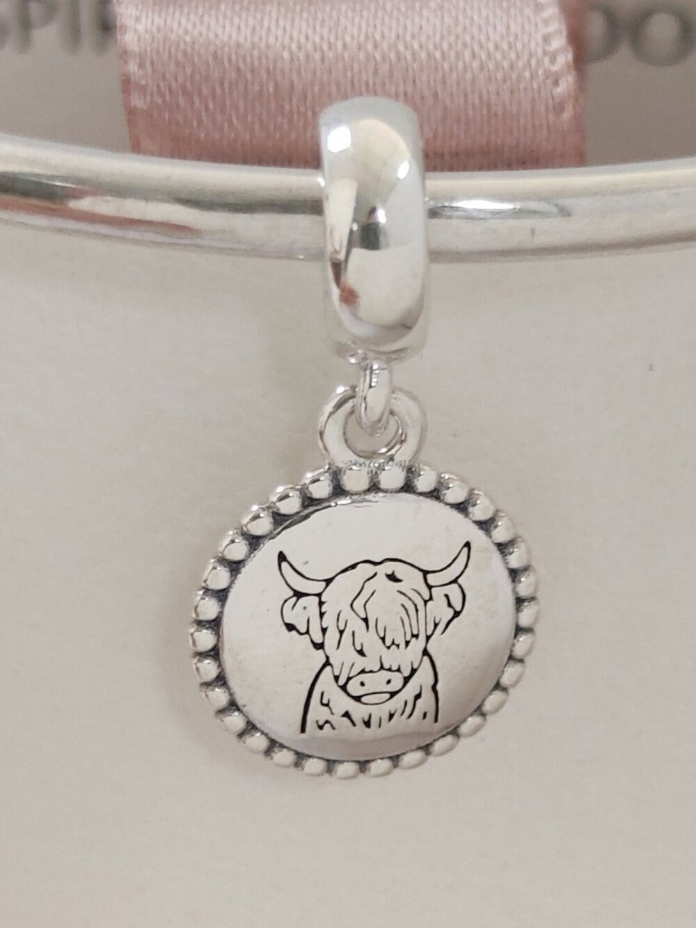 Pandora Engravable Scottish Cow Dangle Charm Travel Vacation Sterling Silver